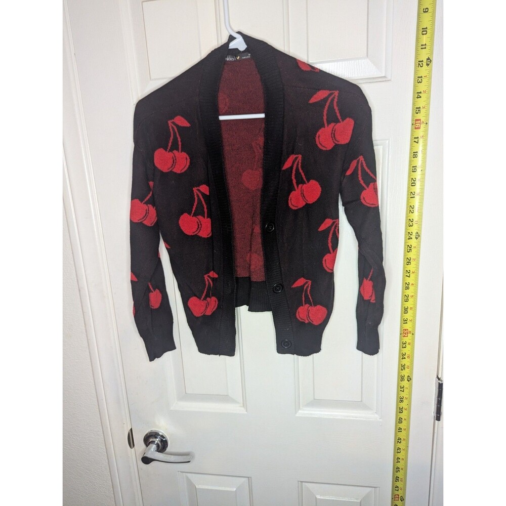 Nikka K Cherry Cardigan Sweater Black Red V Neck Button Front Size M Rockabilly